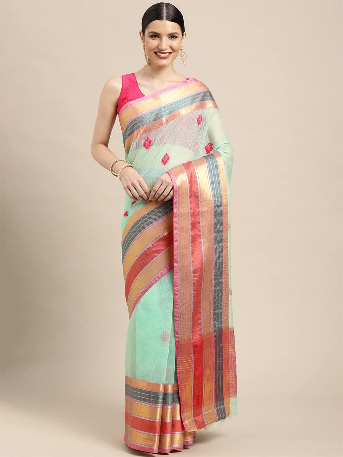 leeza store Women's  Jacquard Dobby Butta Butti Rich Kota Doria Cotton Silk Saree With Blouse Piece Green