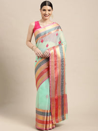 leeza store Women's  Jacquard Dobby Butta Butti Rich Kota Doria Cotton Silk Saree With Blouse Piece Green