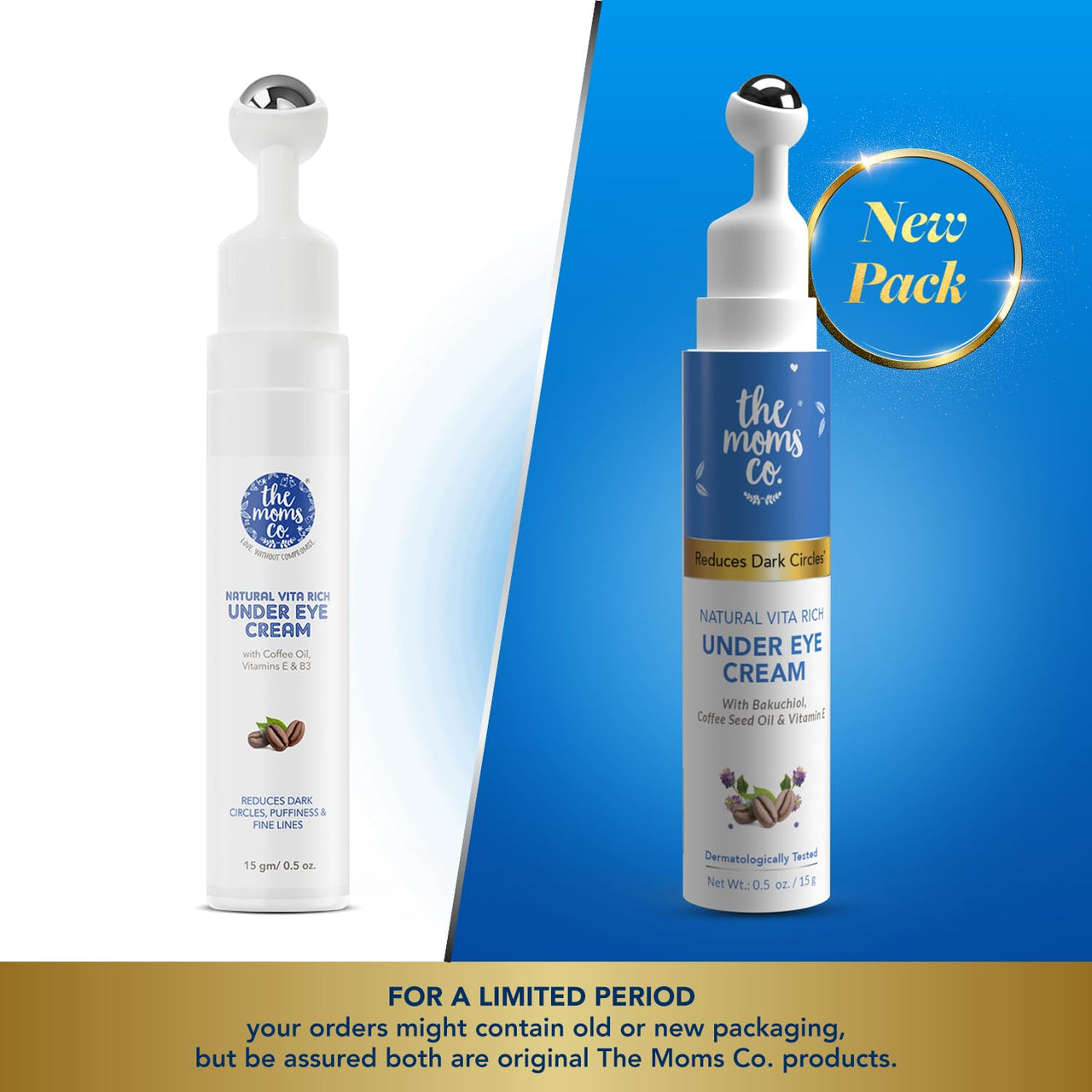 The Moms Co. Natural Vita Rich Under Eye Cream for Dark Circles for Women & Men enriched with Chia Seed Oil, Coffee Oil, Vitamines E & B3 with Cooling Massage Roller to Reduce Dark Circles, Puffiness and Fine Lines (15g/0.5 oz)