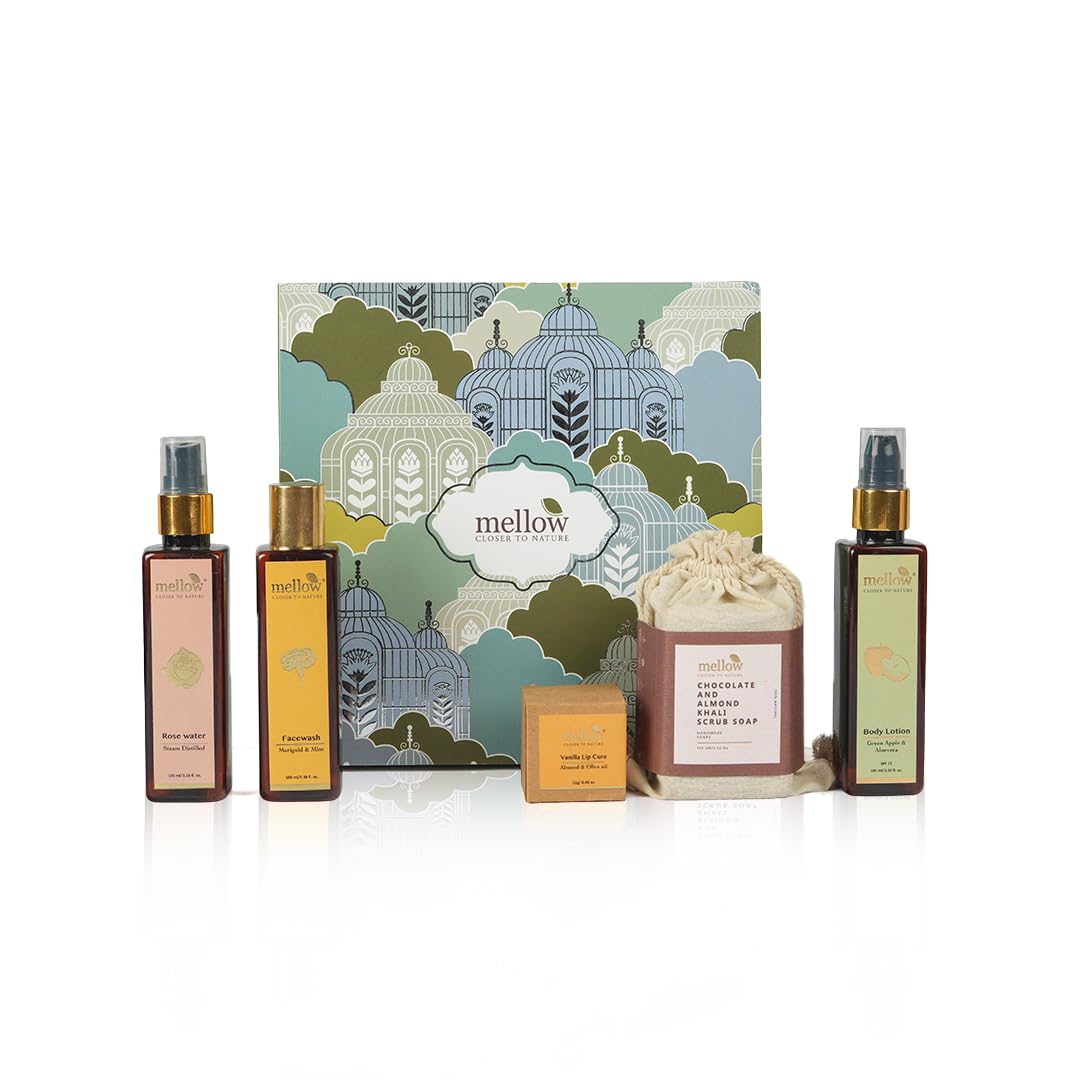 Mellow Must Have Eessential Gift Box | Rose water-100ml, Marigold & mint facewash-100ml, Chocolate and almond Scrub Soap with wooden soap tray-100g, Green apple Body Lotion-100ml, Lip cure-12g