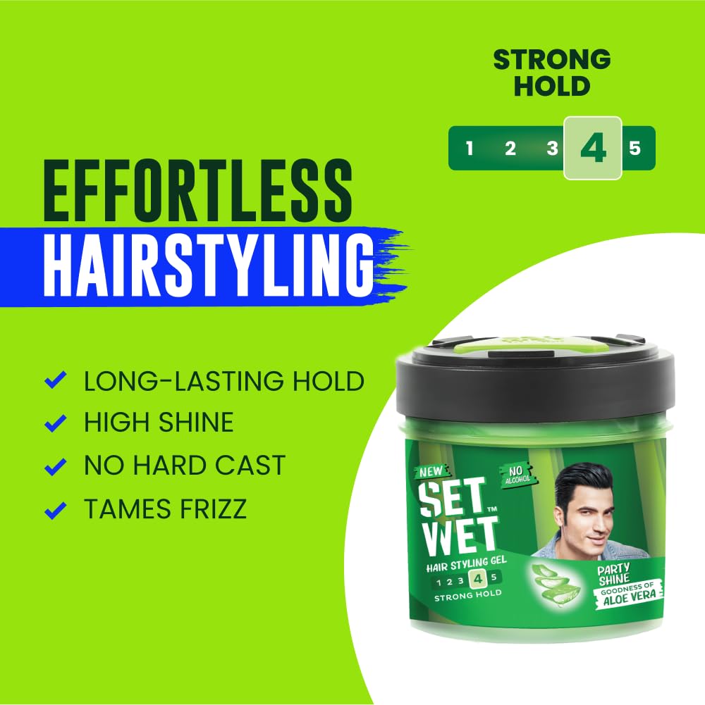 Set Wet Styling Hair Gel for Men - Party Shine, 250gm | Strong Hold, High Shine |For Short to Medium Hair| No Alcohol, No Sulphate