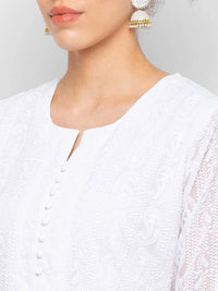 ZOLA Exclusive Georgette Round Neck with Full Sleeves and Calf Length Luckhnowi Chikan Kari Kurta with Button Placket on Yolk Ethnic Wear Straight Kurta for Women Pack of 1