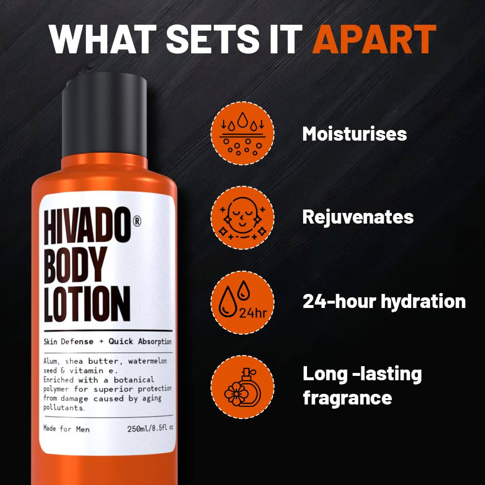 Hivado Men’s Body Lotion | Deep Hydration & 24-Hour Moisture Lock | Watermelon Seed & Shea Butter | Lightweight, Non-Greasy, Fast-Absorbing | For Rough & Dry Skin | Sulphate & Paraben Free | 250ml