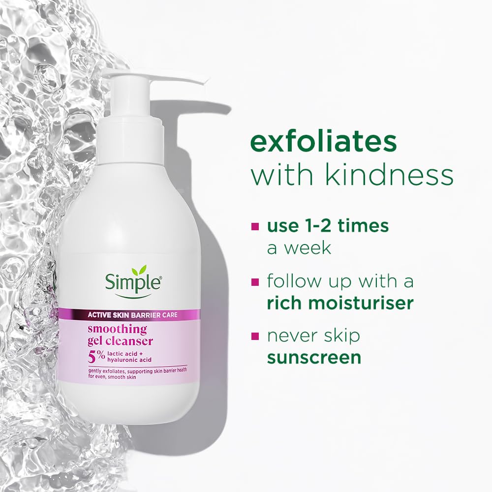 simple Active Skin Barrier Care Smoothing Gel Face Cleanser 150Ml With 5% Lactic Acid,Hyaluronic Acid&Ceramide Boosters|Gentle Exfoliating Face Wash For Brighter,Even-Tone,Smoother Skin,For Women&Men