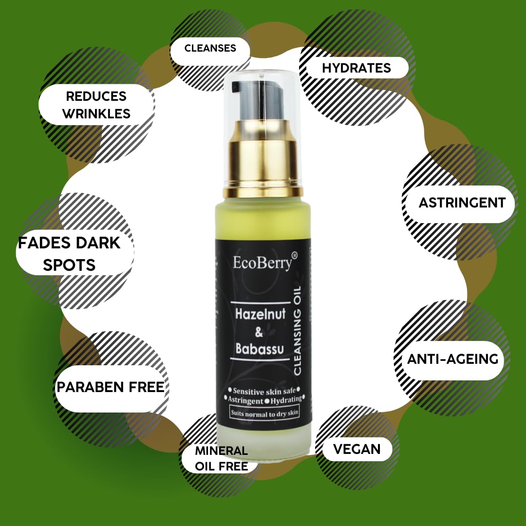 EcoBerry Hazelnut & Babassu Cleansing Oil For Dry Skin, Astringent, Increases Collagen production, Protects Against UV, Non-greasy, Natural & Handmade, Mineral Oil Free, Preservative Free, Vegan