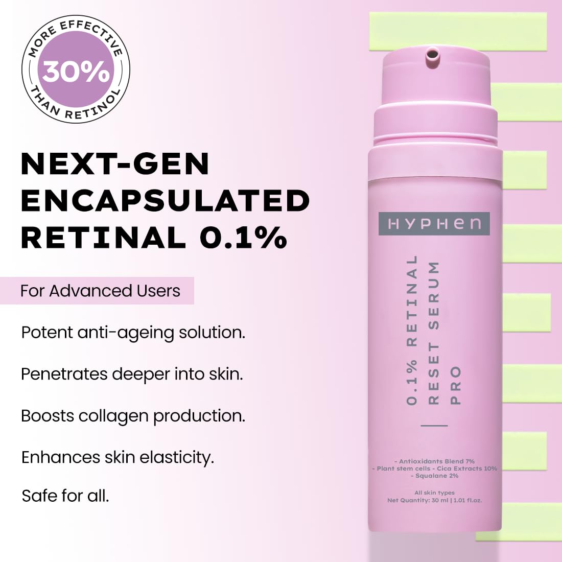 Hyphen 0.1% Retinal Reset Serum Pro | 30% More Effective than Retinol Serum| Advanced Anti Ageing Face Serum | Reduces Fine Lines & Wrinkles | Serum for Women and Men | Boosts Collagen, Hydrates & Soothes Skin-30 ml