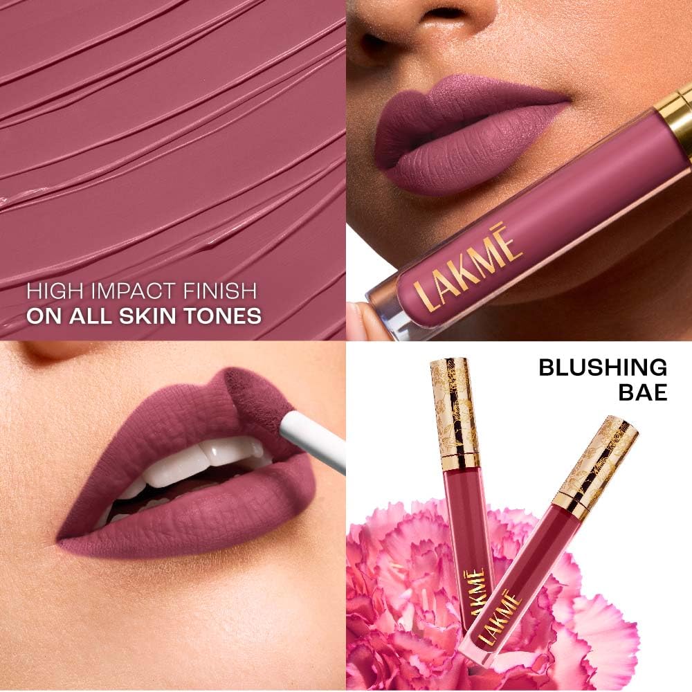 Lakmé Rouge Bloom Matte Lip Liquid, Matte Finish, Longlasting For Up To 14 Hours, Quick Drying & Transfer-Proof, Infused With Vita Rose For Smooth & Moisturised Lips - Blushing Bae