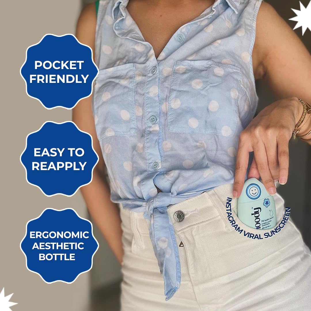 Moody Hydro Burst Water Sunscreen With Hyaluronic & SPF 50 PA ++++ UVA/B Protection | Brightening Sunscreen With No White Cast, Lightweight & Non Greasy | For Oily & Combination Skin | 50ml