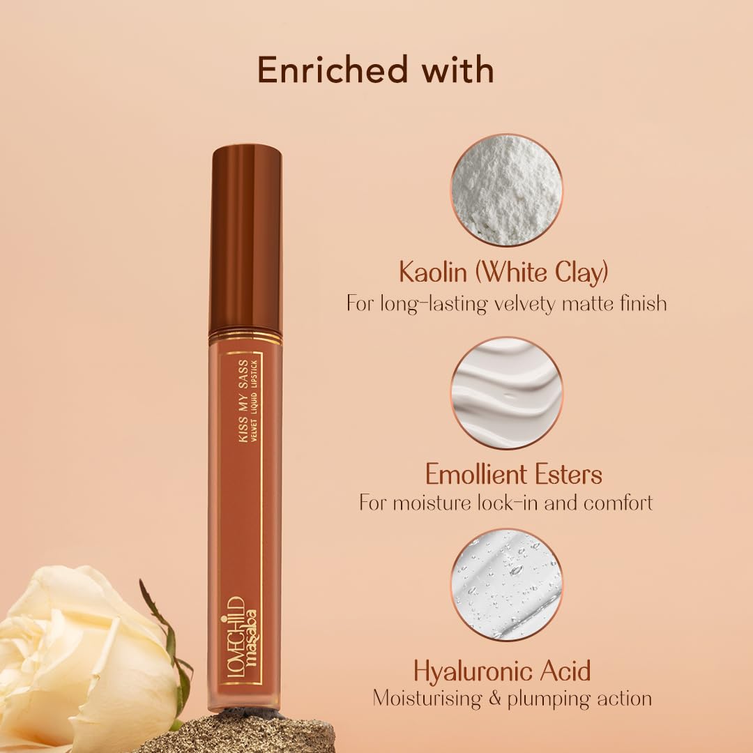 LoveChild Masaba Kiss My Sass Velvet Matte Lipstick (Brown), Intense Color, Transfer-Proof, Hydrating with Hyaluronic Acid, Long-Lasting & Lightweight, Smooth Glide Formula, Low-Key, 2.5ml