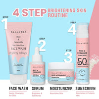 Glamveda Rice & Ceramide Morning 4 Step Skincare Routine For Women with Gift Box | Face Wash, Serum, Moisturizer & Sunscreen