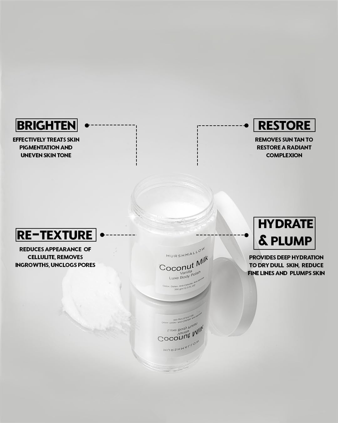 Murshmallow Coconut Milk & Vanilla Luxe Body Scrub / Polish 350gm | With Lactic Acid, Hyaluronic & Niacinamide | Anti-cellulite & Anti-Wrinkle| Remove Tan & Dead Skin | Deep Exfoliating Scrub for Hydrating & Brightening Skin | Men & Women