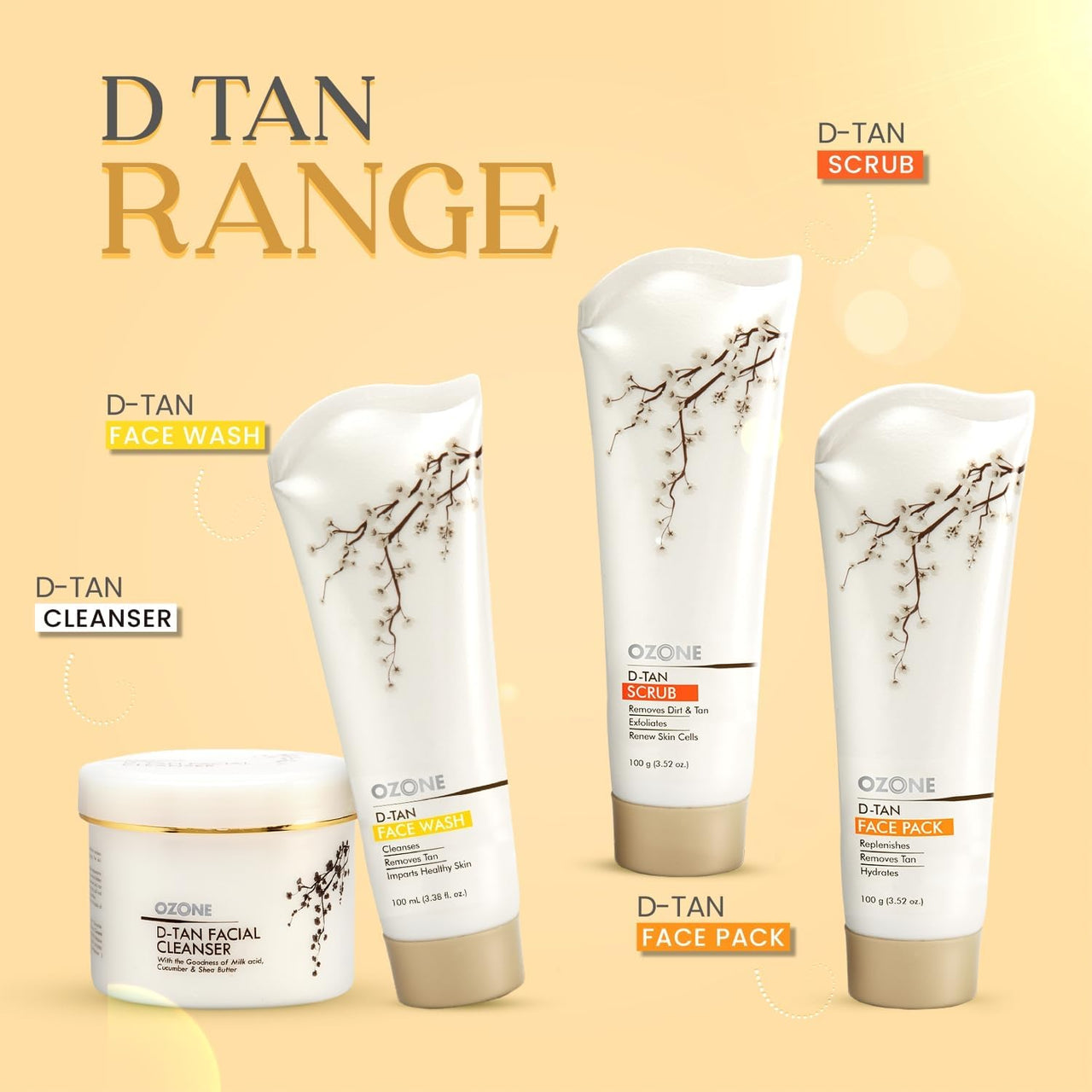 OZONE D Tan Trio (D Tan Cleanser 250g + D Tan scrub 100g + D Tan face pack 100g) (3 Items in the set)