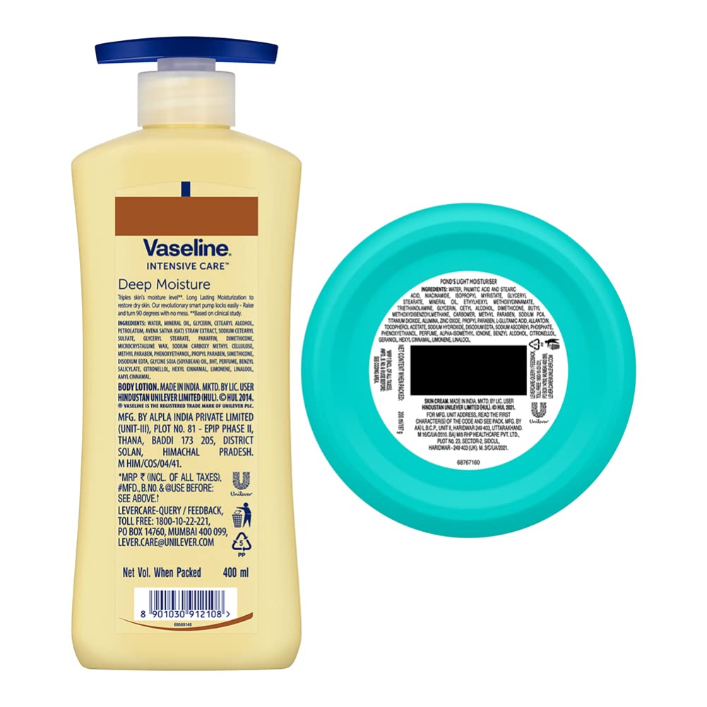 Vaseline Winter Care Combo: Deep Moisture Lotion, 400Ml With Ponds Light Moisturiser 200Ml, For Soft & Moisturised Skin