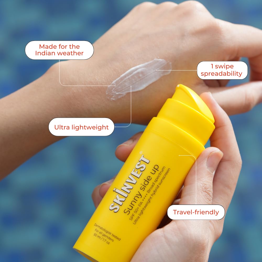 Skinvest Sunny Side Up Ultra Lightweight SPF 50+ PA ++++ Sunscreen 50ml For Men & Women, Protects From Sun Damage, Broad Spectrum UVA/UVB Protection, Non Greasy, Non Sticky, No White Cast, Suitable For All Skin Types