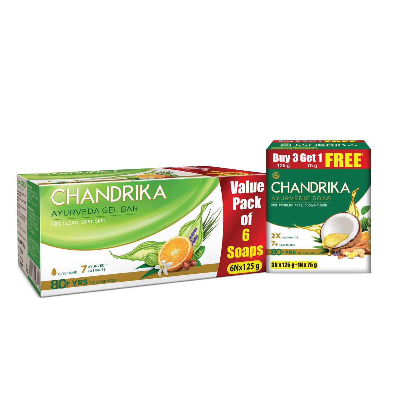 Chandrika Glycerine Soap Pack Of 6, 125g Each & Ayurvedic Handmade Soap, 125g (Pack Of 3) With Free 75g