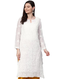 Ada Hand Embroidered Women's  Georgette Lucknowi Chikankari Kurta with Slip A90397 White