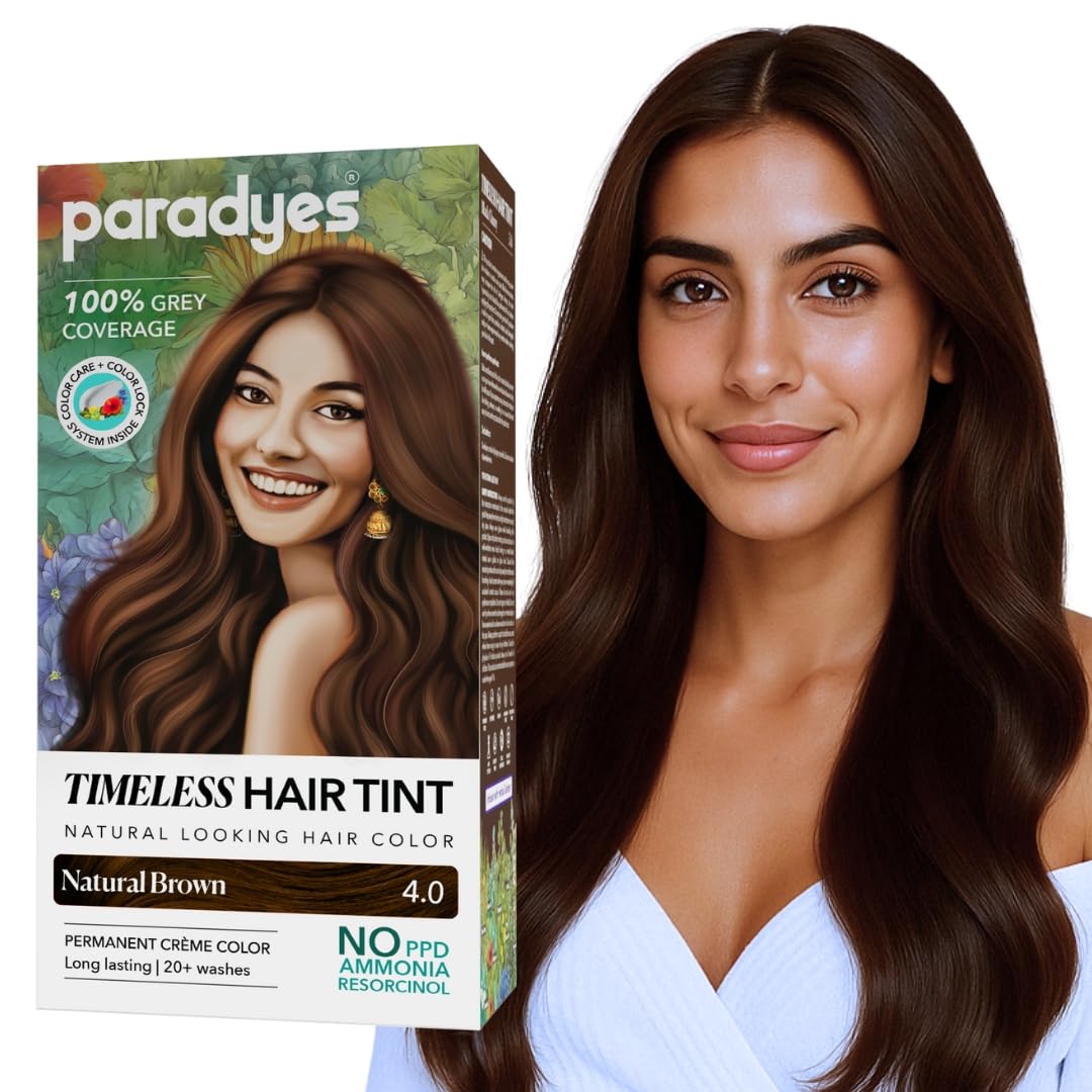 Paradyes Natural Brown Timeless Hair Tint, Permanent Crème Hair Colour for Natural-Looking Results, Complete Grey Coverage, Long-Lasting Formula Free from PPD, Ammonia, & Resorcinol, 4.0