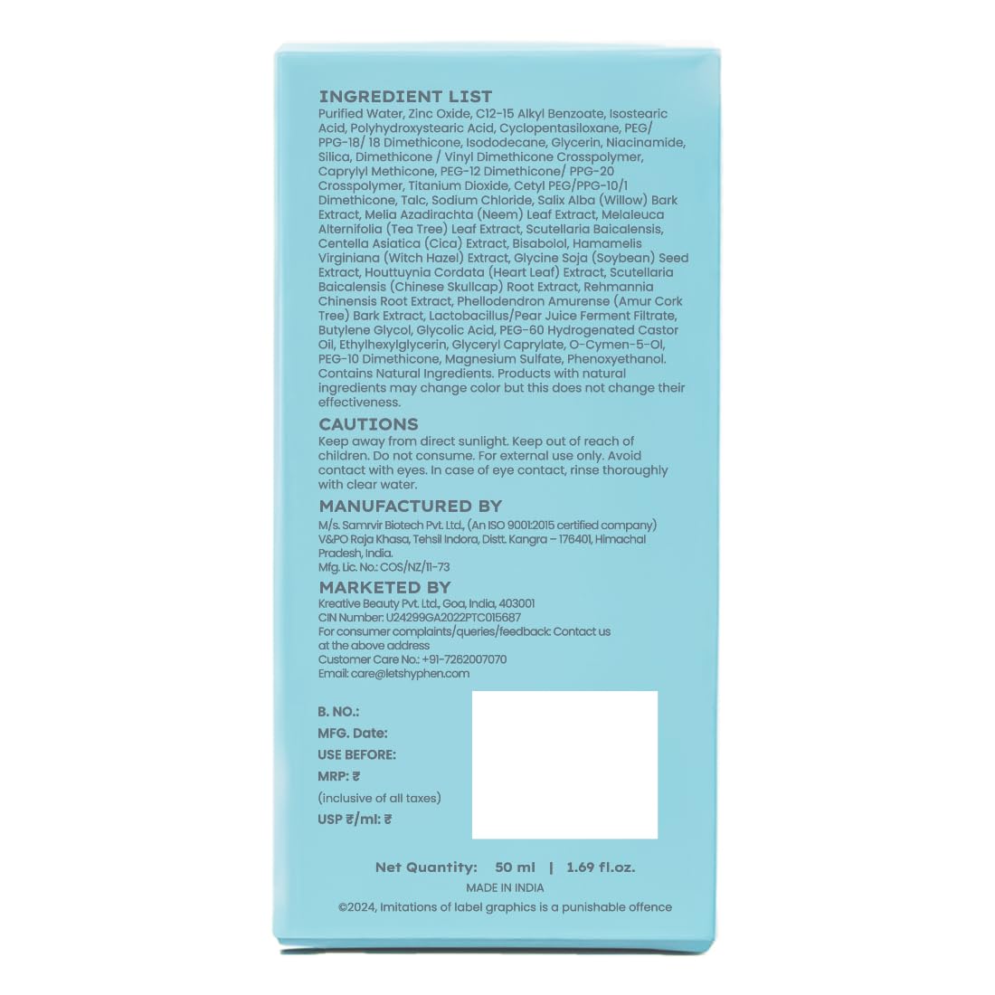 Hyphen Sun Milk 100% Mineral Sunscreen Spf 50 Pa++++ Uv+ Bluelight Protection, 25% Nano Zinc Oxide | Sensitive, Acne Prone & Oily Skin, Water Resistant Sun Protect | For Women And Men - 50 Ml