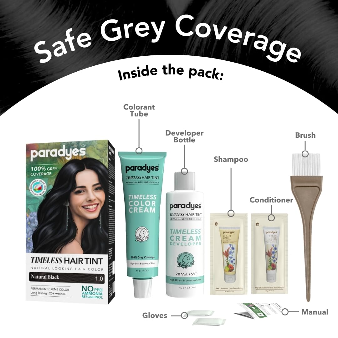 Paradyes Natural Black Timeless Hair Tint, Permanent Crème Hair Colour for Natural-Looking Results, Complete Grey Coverage, Long-Lasting Formula Free from PPD, Ammonia, & Resorcinol, 1.0 Natural Black