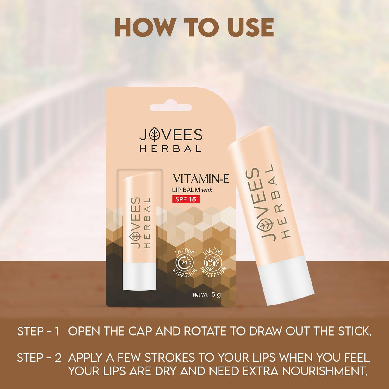 Jovees Herbal Vitamin E Lip Balm with SPF 15 For Soft, Glossy And Supple Lips | 24 Hour Hydration | Rejuvenates Dark, Pigmented, Dry, Chapped And Sun Damage Lips- 5g