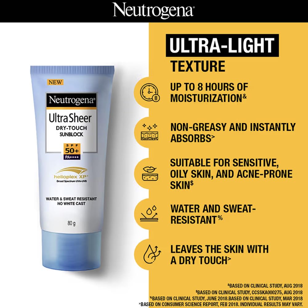 Neutrogena Ultra Sheer Sunscreen SPF 50+ | Broad Spectrum UVA/UVB | Blue light protect | No White Cast | Water resistant, Ultra light & Non sticky | Oily, Dry & Sensitive Skin | 80 g (Pack of 1)