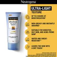 Neutrogena Ultra Sheer Sunscreen SPF 50+ | Broad Spectrum UVA/UVB | Blue light protect | No White Cast | Water resistant, Ultra light & Non sticky | Oily, Dry & Sensitive Skin | 80 g (Pack of 1)