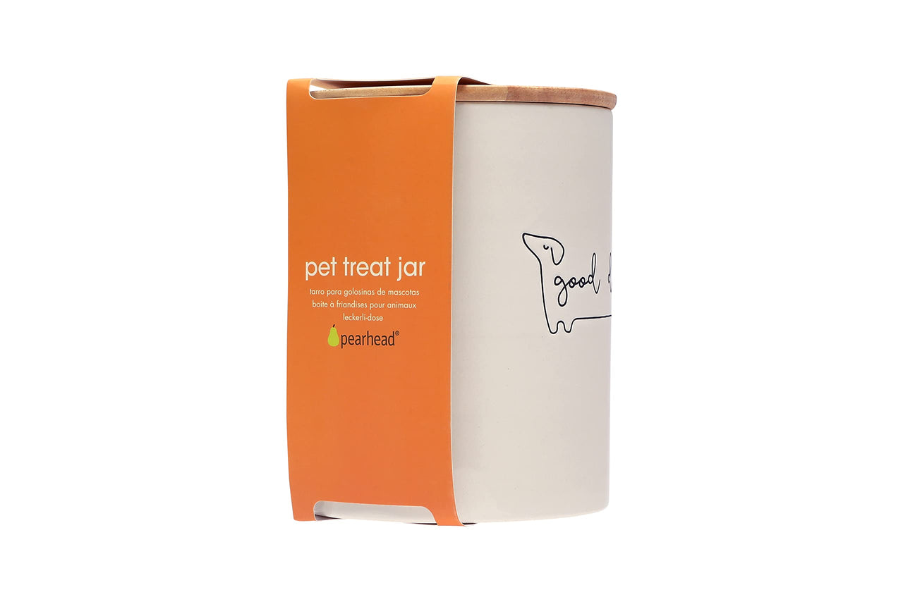 Pearhead Good Dog Treat Jar, Ceramic and Wood Pet Treat Canister, Neutral Modern Kitchen Decor, Pet Accessories, Dog Biscuit Storage Jar, Freshness Seal, Holds 4 Cups Treat Jar - Good Dog