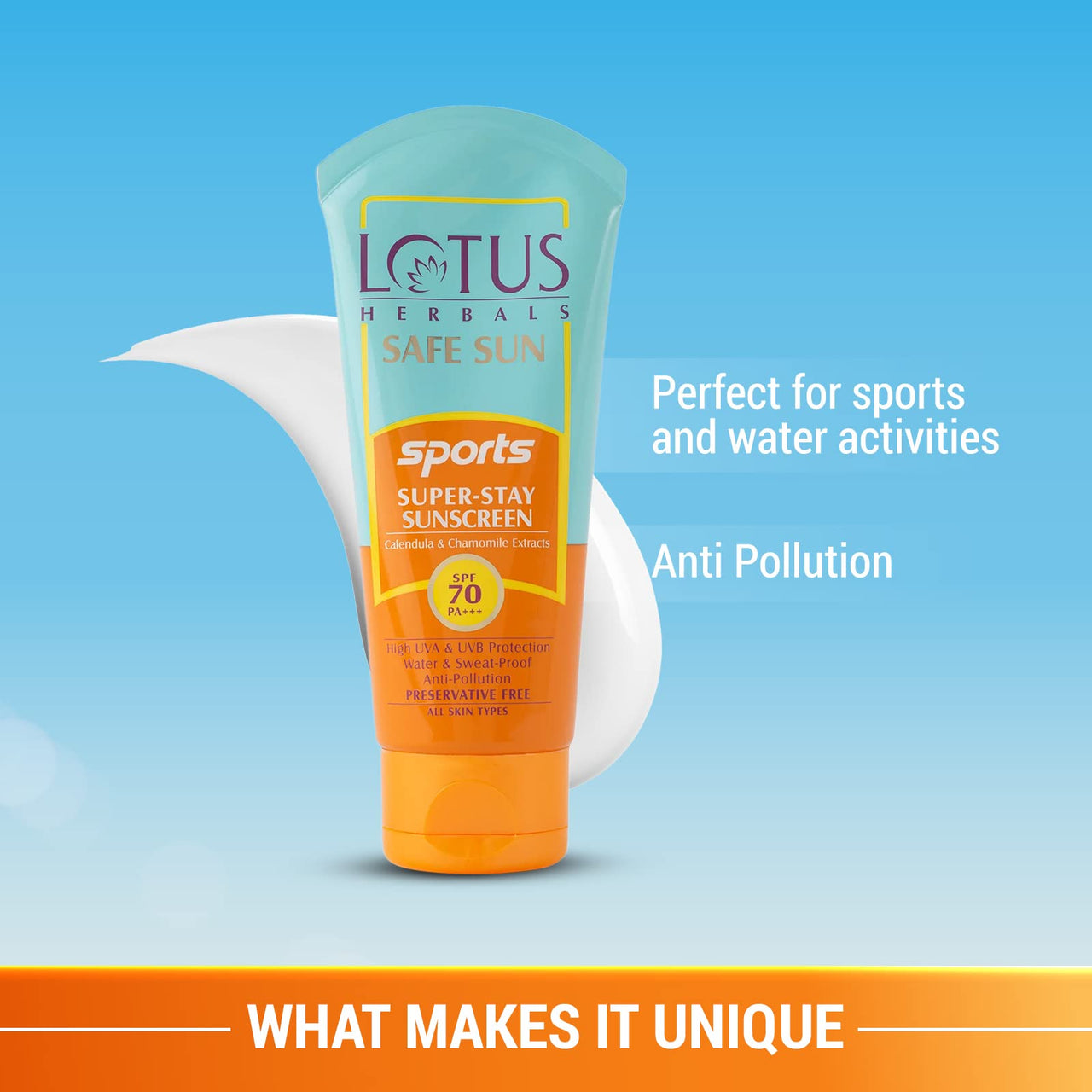 Lotus Herbals Safe Sun Sports Super Stay Sunscreen Cream For Dry Skin Spf 70 Pa+++, Sweat & Waterproof , Preservatives Free, 80G,1 Count