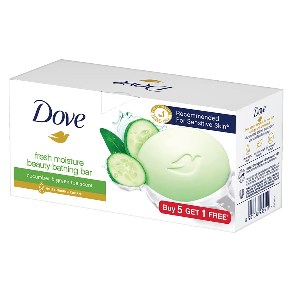 Dove Fresh Beauty Bar (pack of 6) 75g each for Hydrated Skin with Cucumber & Green Tea Leaves scent