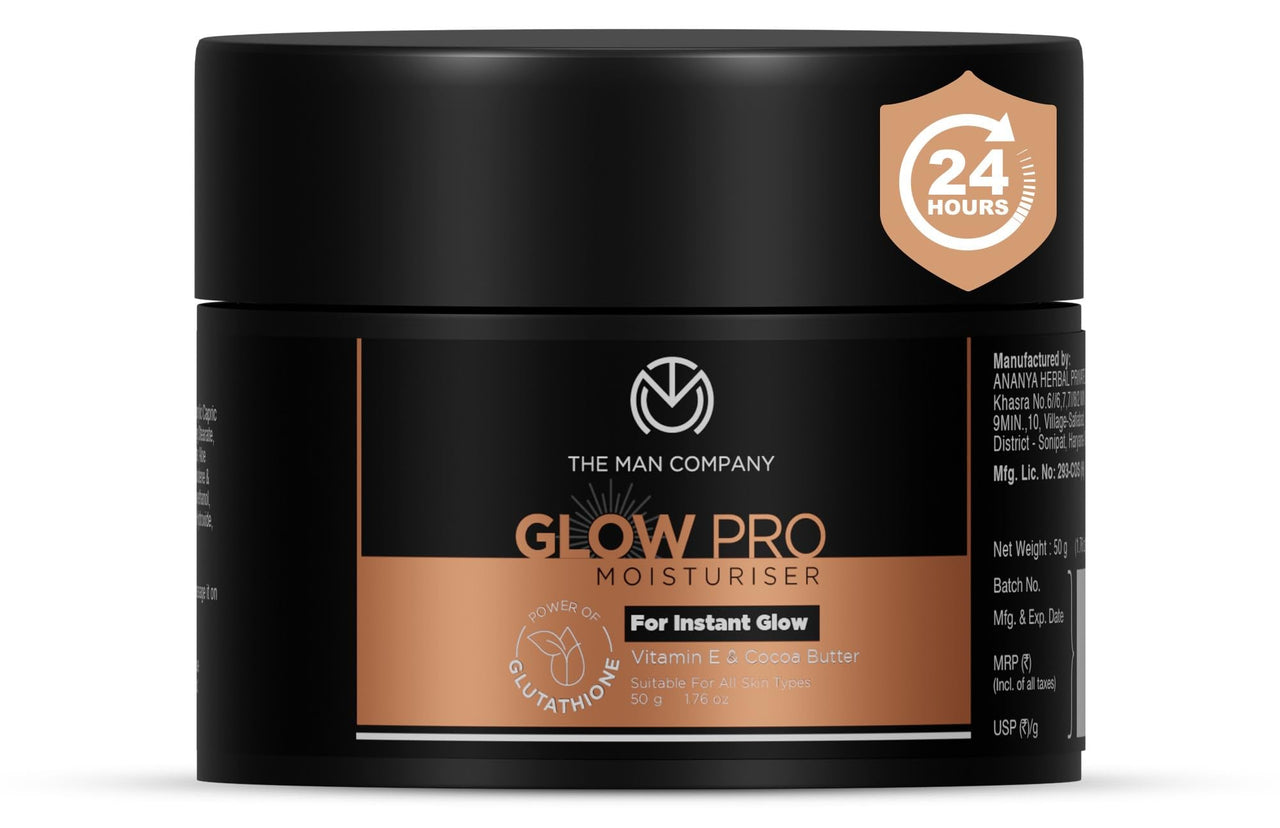 The Man Company Glow Pro Non-Sticky Daily Moisturizer for Face | Moisturizes, Hydrates with Glutathione, Vitamin E & Cocoa Butter | Face Moisturizer Cream for Men - 50 gm