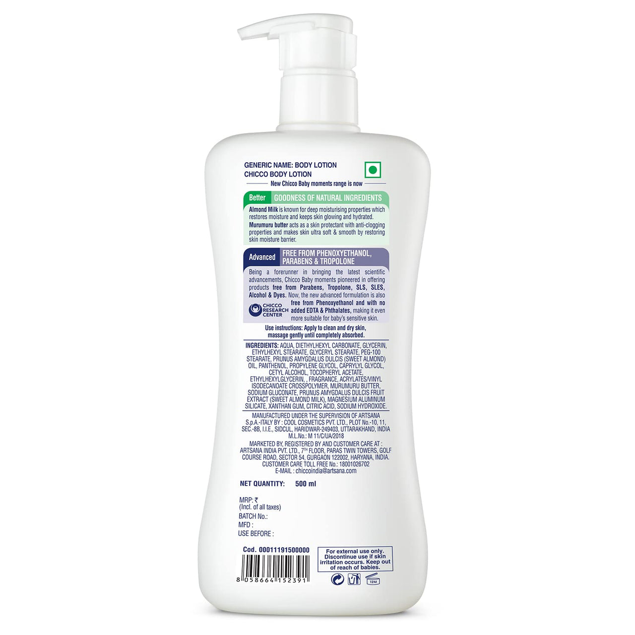 Chicco Baby Moments Body Lotion for Babies, 500ml | Almond Milk & Murumuru Butter | Quick Absorb Formula with Natural Ingredients for Ultra Soft Skin | Dermatologically Tested | Parabens & Phenoxyethanol Free