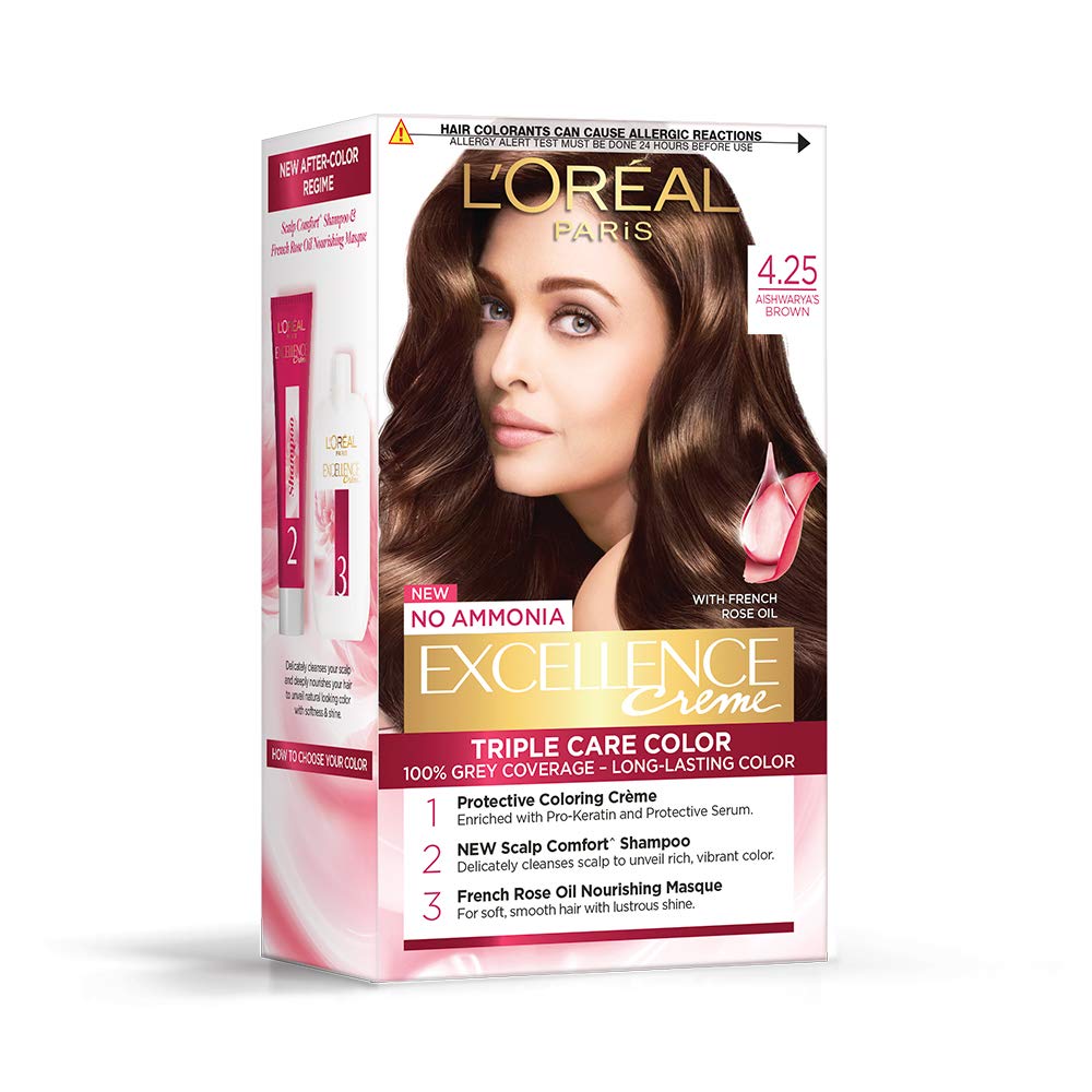 L'OREAL PARIS Permanent Hair Colour, Excellence Crème, 4.25 Aishwarya'S Brown & Permanent Hair Colour, Excellence Crème, 3 Natural Darkest Brown