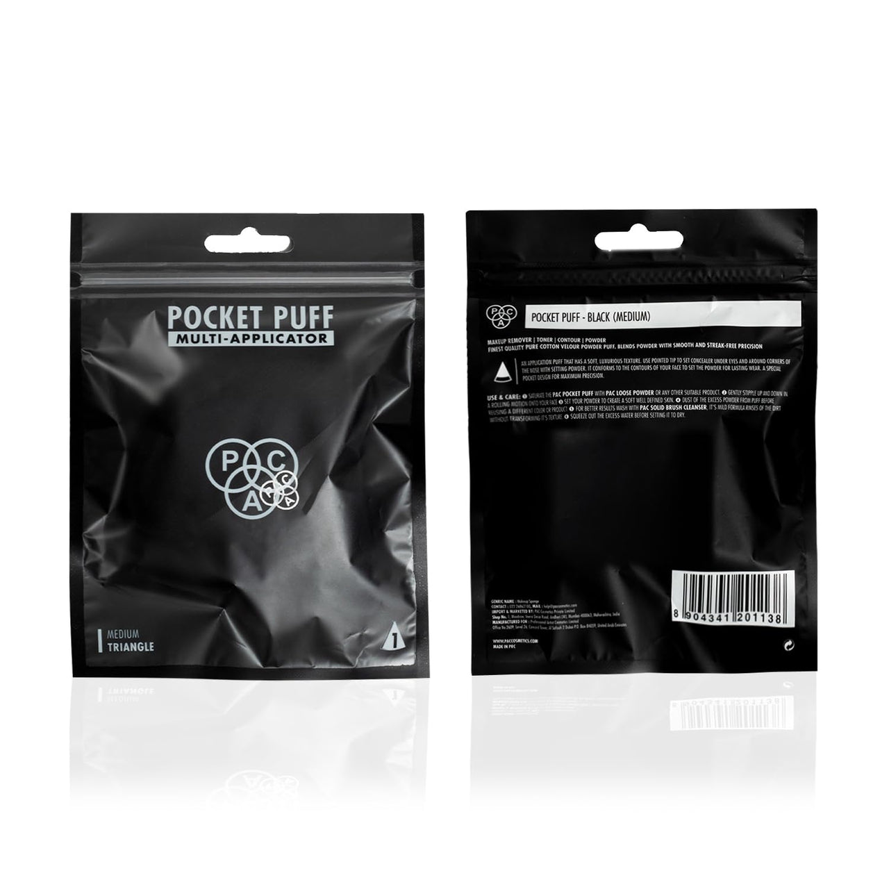 PAC Pocket Puff (1 Pc) | Beauty Blender Makeup Puff (Medium) | Cotton Air Cushion Triangle Powder Puff for Women | Soft Foundation Sponge with Strap | Beauty Tools for Dry & Wet Use - Black