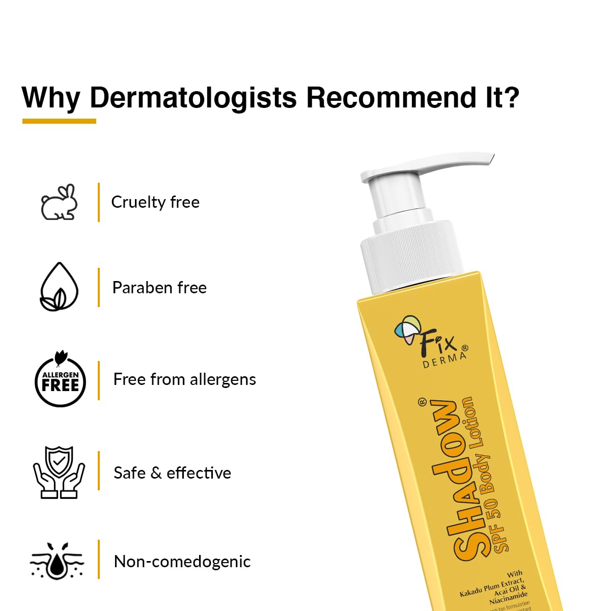 Fixderma Shadow Sunscreen Body Lotion with SPF 50 PA+++ & 2% Niacinamide | Body Sunscreen | Prevents Sun Tan, UVA & UVB Protection with No White Cast For Women & Men - 200 ml