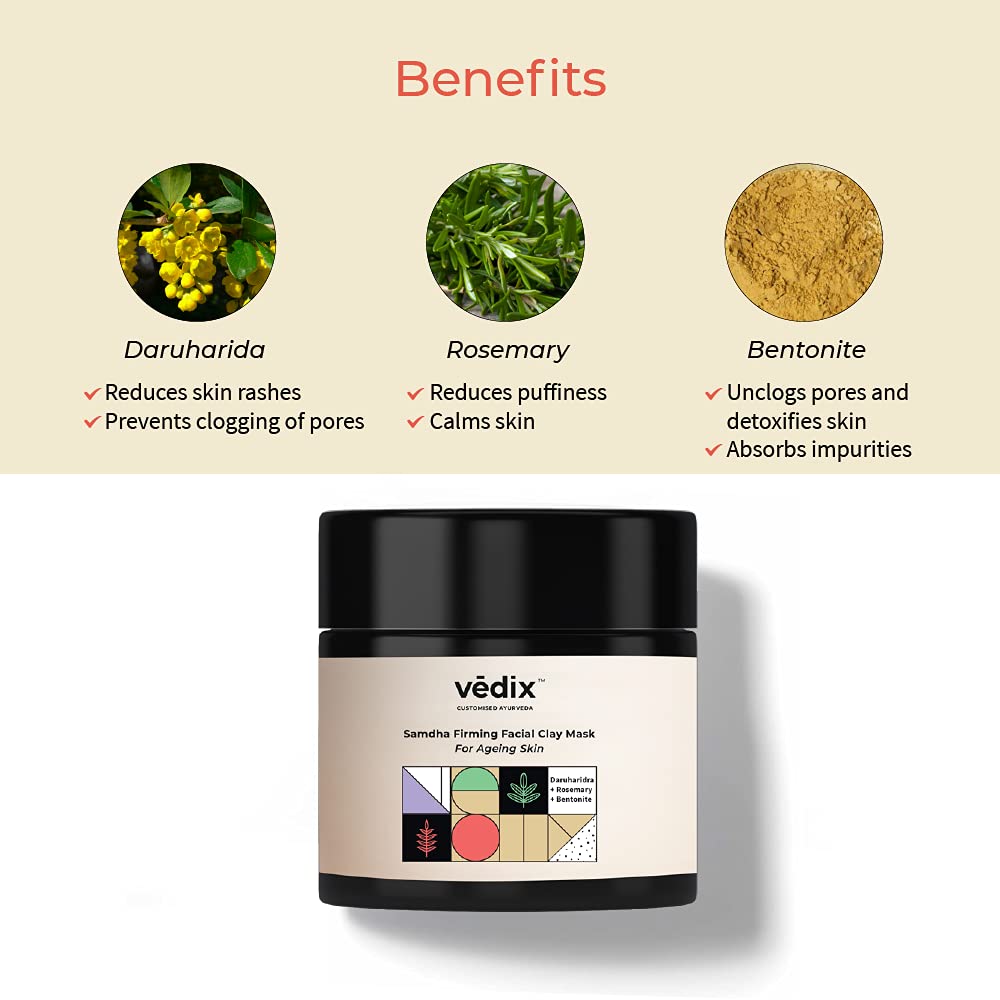 Vedix Customized Face Pack - Samdha Firming Facial Clay Mask For Ageing Skin With Daruharidra + Rosemary + Bentonite