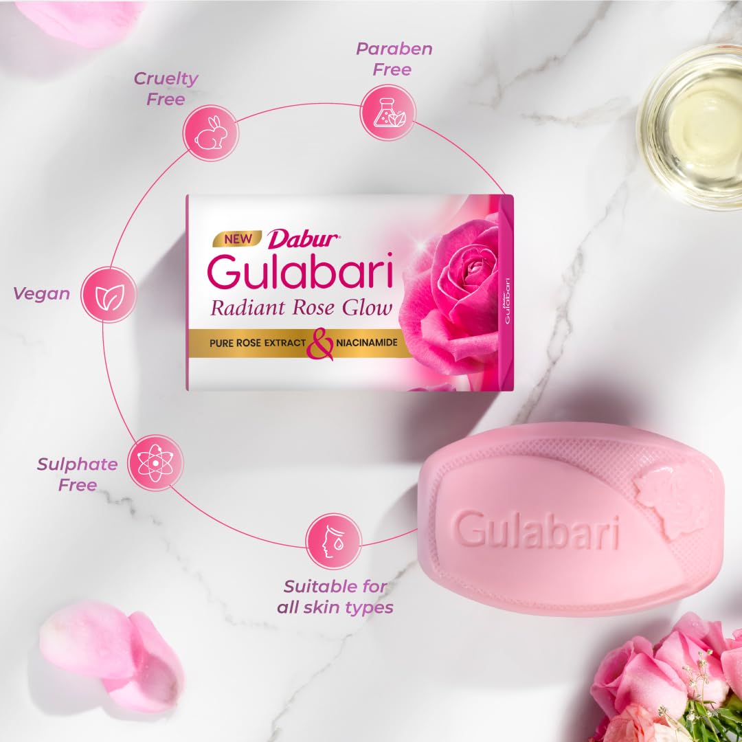 Dabur Gulabari Pure Rose Soap 150g (Pack of 8) | Moisturizing Bathing Soap for Radiant Rose Glowing Skin & Body | Pure Rose Extract, Glycerine & Niacinamide | Long Lasting Fragrance | For Men & Women