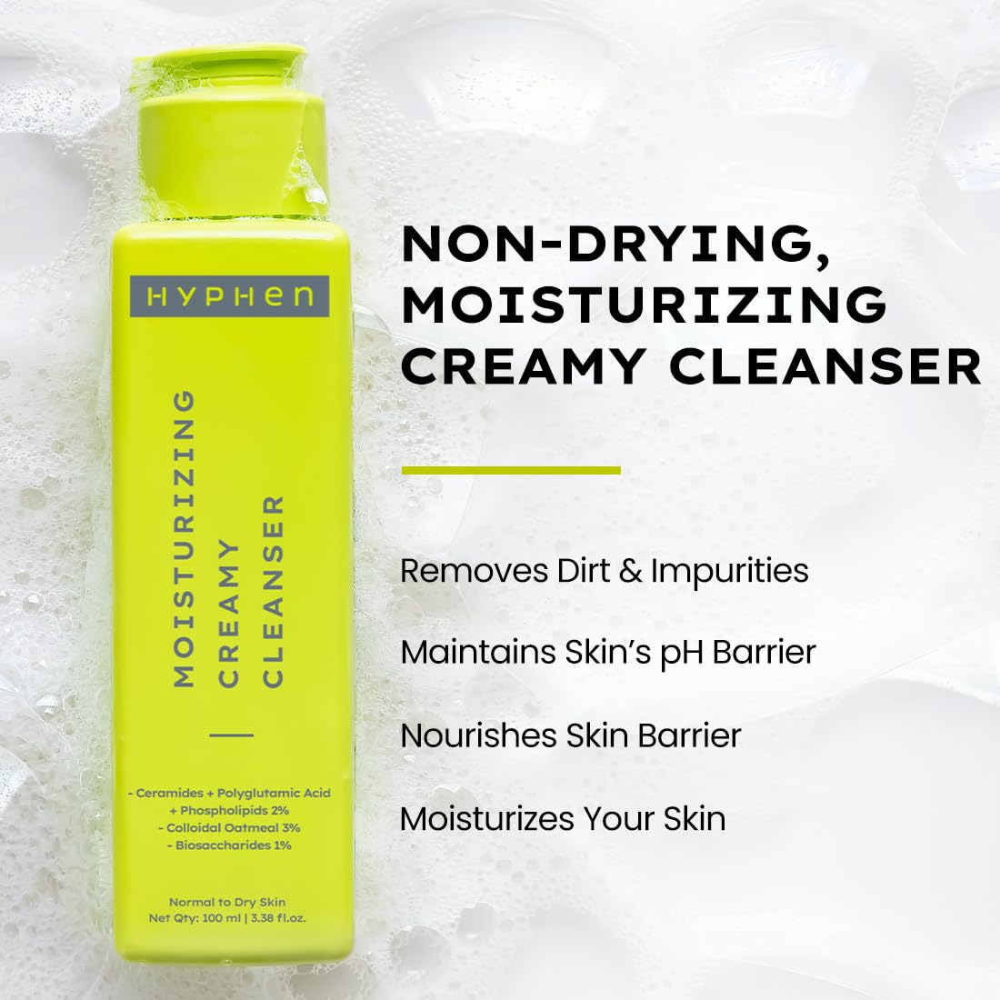Hyphen Moisturizing Creamy Face Wash for Dry & Sensitive Skin | 2% Ceramides & Polyglutamic Acid | Barrier Repair, Hydration & Gentle Cleansing | Facewash, Oily, Dry, All Skin Types| Face Cleanser for winters | Skin Care Products | Face Care Daily Cleanse