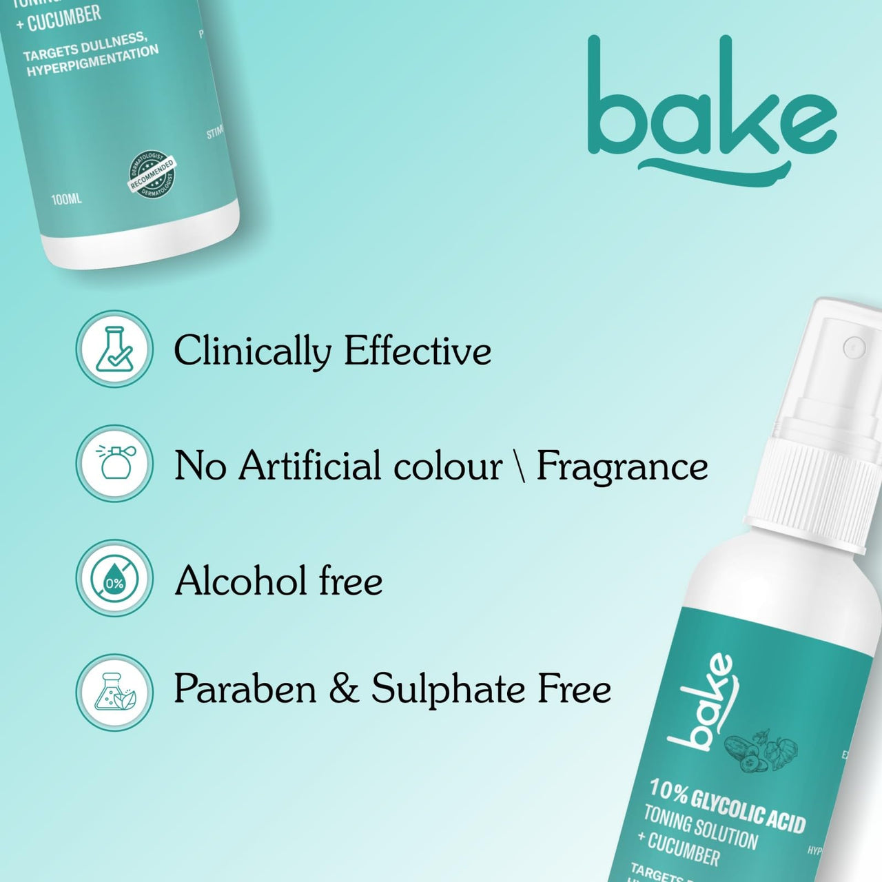 BAKE 10% Glycolic Acid Toner with Hyaluronic Acid | Targets Hyperpigmentation | Pore Tightening Toner for Face & Underarms | For Combination skin, Oily, Acne Prone skin | Alcohol Free Toner | 100ml