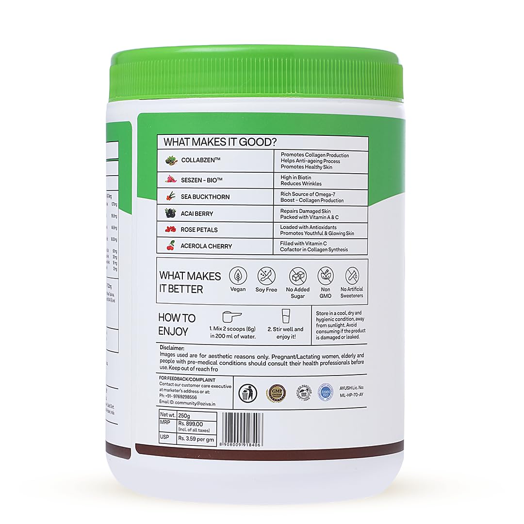 OZiva Vegan Collagen (Tangy Amla) with Biotin & Vitamin C For Brighter & Youthful Skin|Collagen Supplement For Women & Men|Plant Based Collagen Powder| Vegan (Pack of 1),1 count,200 grams