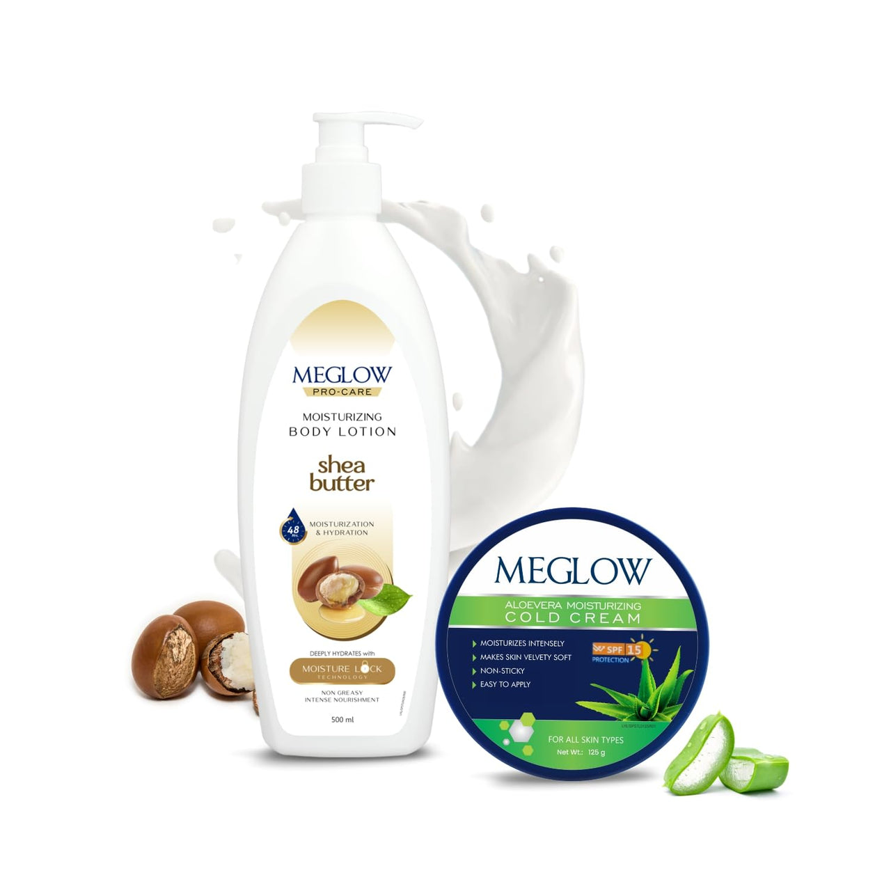 Meglow Combo of Aloe Vera Moisturizing Cold Cream Moisturizer Cream with SPF 15 Protection & Shea Butter - Body Lotion Best Moisturizer for dry skin