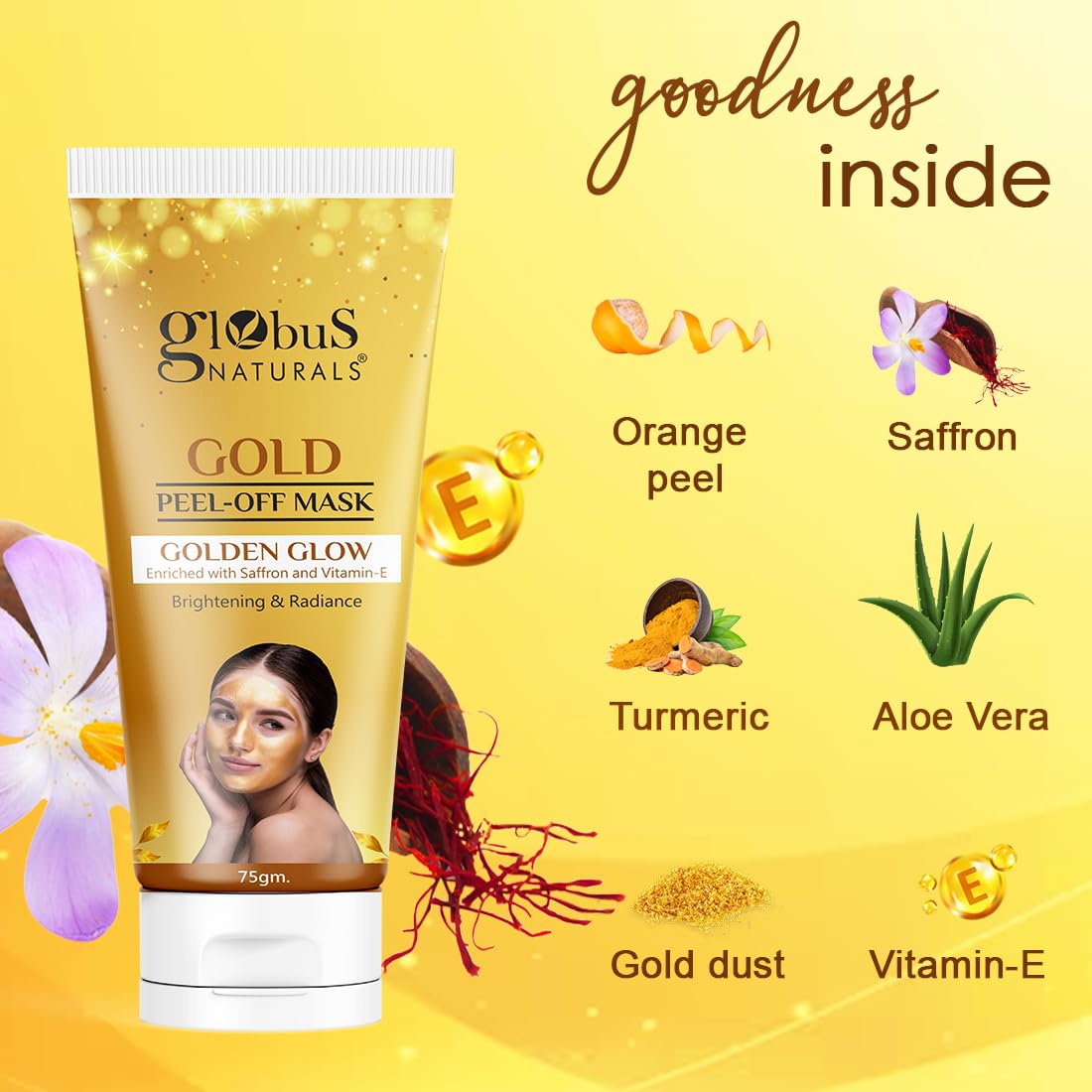 Globus Naturals Gold Peel Off Mask For Golden Glow, Enriched with Saffron & Vitamin-E, Brightening & Radiance, Suitable For All Skin Types, 75 g (Pack of 2)