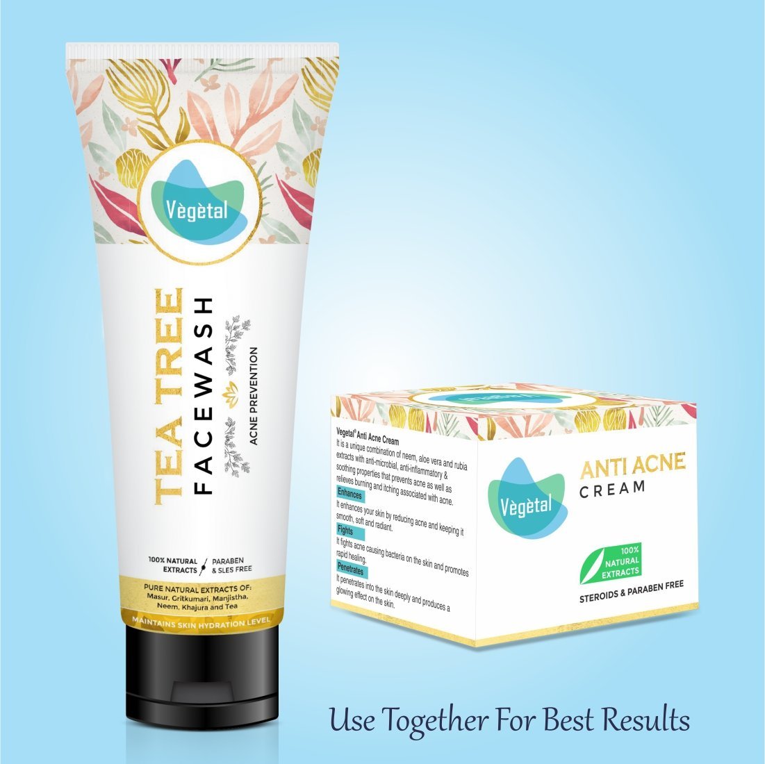 Vegetal Tea Tree Face Wash- Made of 100% natural extracts of Green Tea, Neem, Manjistha, & Khajoor- Anti Acne, Oil control, Free of Parabens, SLES & Harmful Chemicals