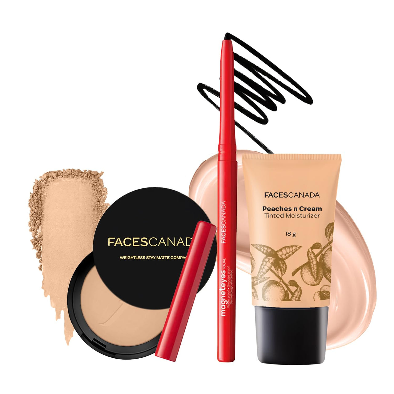FACES CANADA Dewy Glow Combo - Tinted Moisturizer - Light 01 (18 gm) + Magneteyes Kajal - Black (0.35 gm) + Weightless Stay Matte Compact Powder - Beige 03 (9 gm) | Lightly Tinted BB Cream | Flawless Finish | Waterproof & Smudgeproof