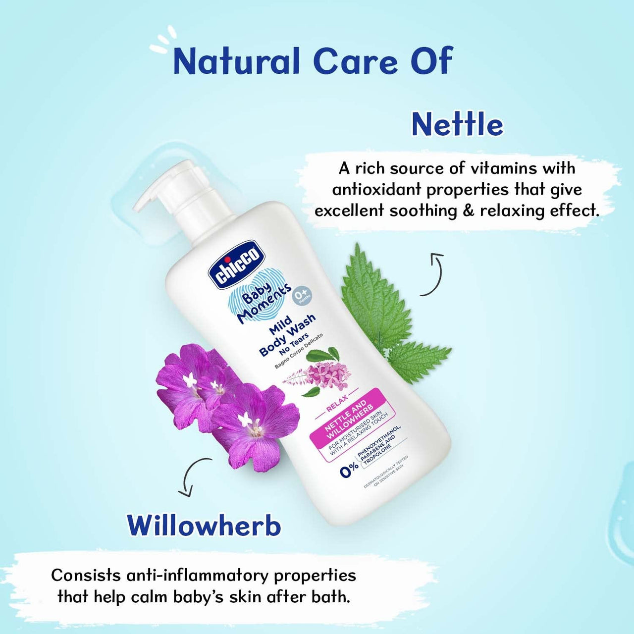 Chicco Baby Moments Mild Gel Body Wash - Relax, 200Ml | With Nettle & Willowherb | No Tears Formula With Natural Ingredients For Moisturized Skin|Phenoxyethanol, Parabens & Lauryl Sulphates Free