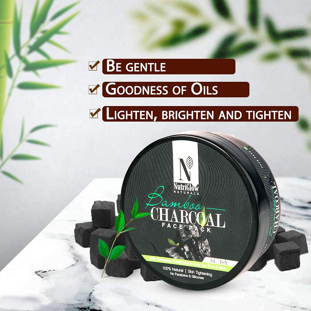NutriGlow Natural's Bamboo Charcoal Face Pack With Ethiopian Kaolin Black Clay For Brightening, Lightening & Tightening Skin,100% Natural, 200gm
