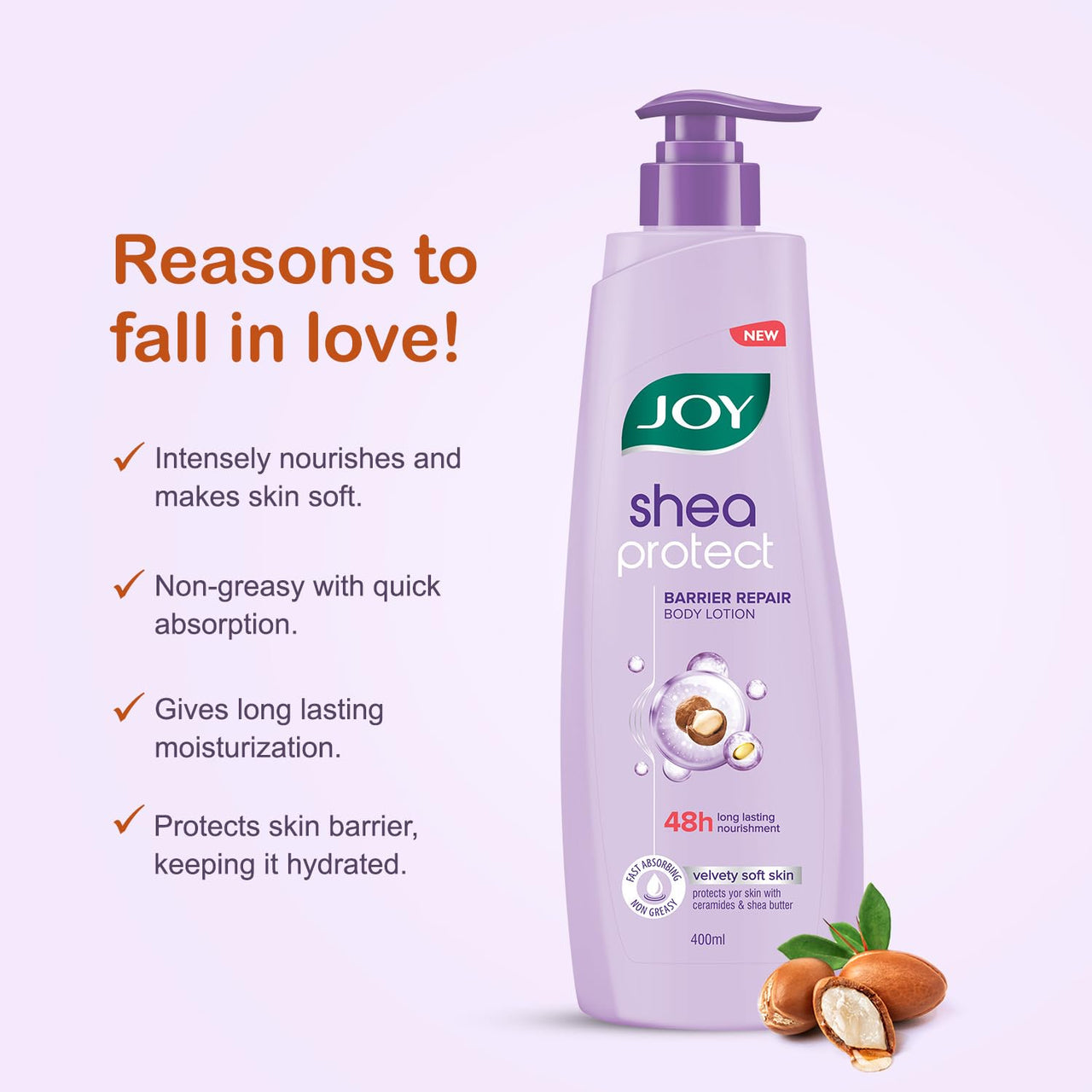 Joy Shea Protect Body Lotion 400ml | For Skin Barrier Repair | 48 Hour Nourishment WIth Ceramide & Shea Butter | Fast Absorbing & Non Greasy Lotion | Velvety Soft Skin | For Normal to Dry Skin