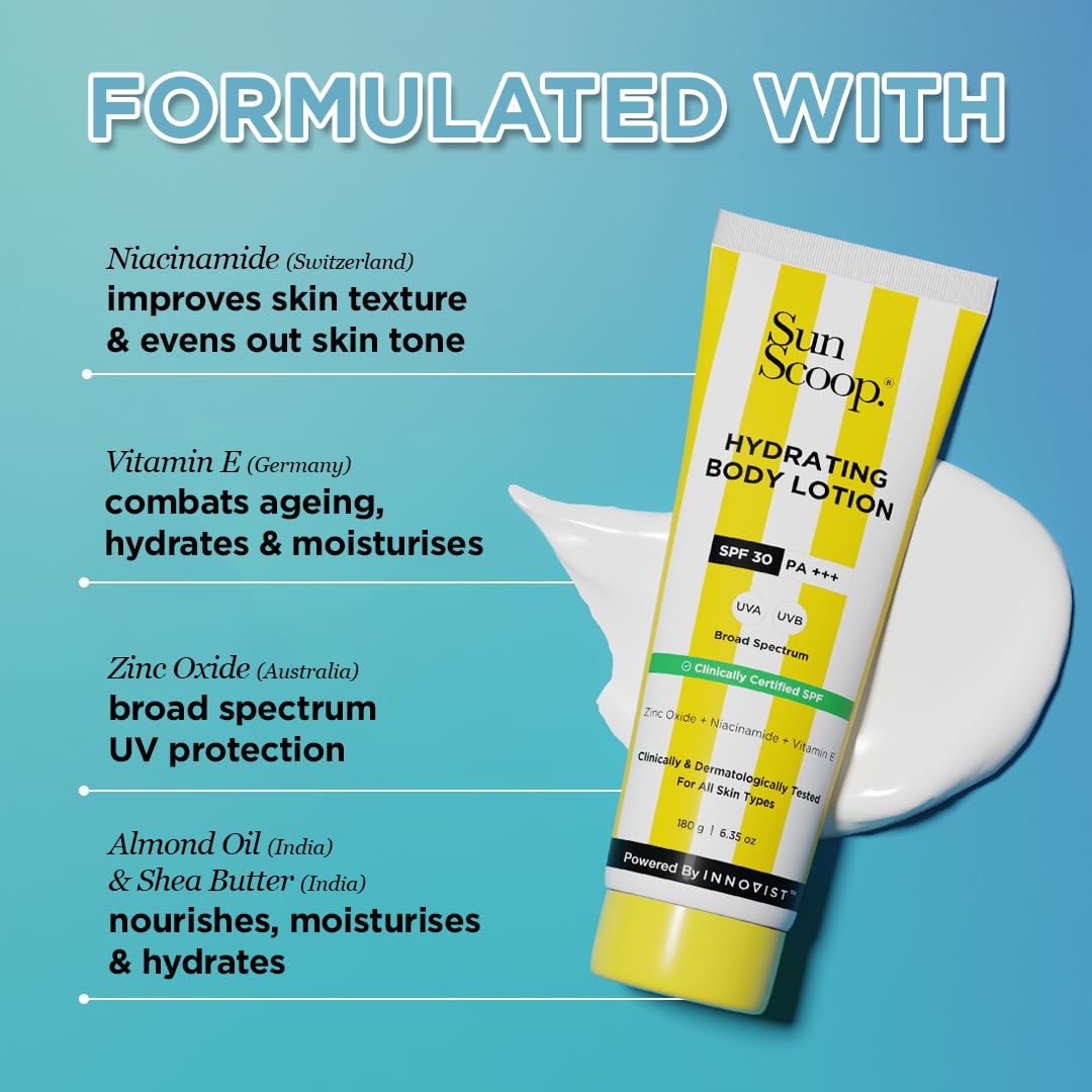 Sunscoop Hydrating Body Lotion SPF 30 PA+++ | UVA & UVB Protection | Moisturization | Niacinamide for even skin tone | Vitamin E for nourishment | Suits All Skin Types | 180gms