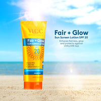 VLCC Fair + Glow Sun Screen Lotion Spf 20 PA++ - 50ml | Brightening Formula Sunscreen | Zero White Cast SPF | Non-Greasy Sunscreen | With Ashwagandha, Carrot & Wheatgerm Extracts.