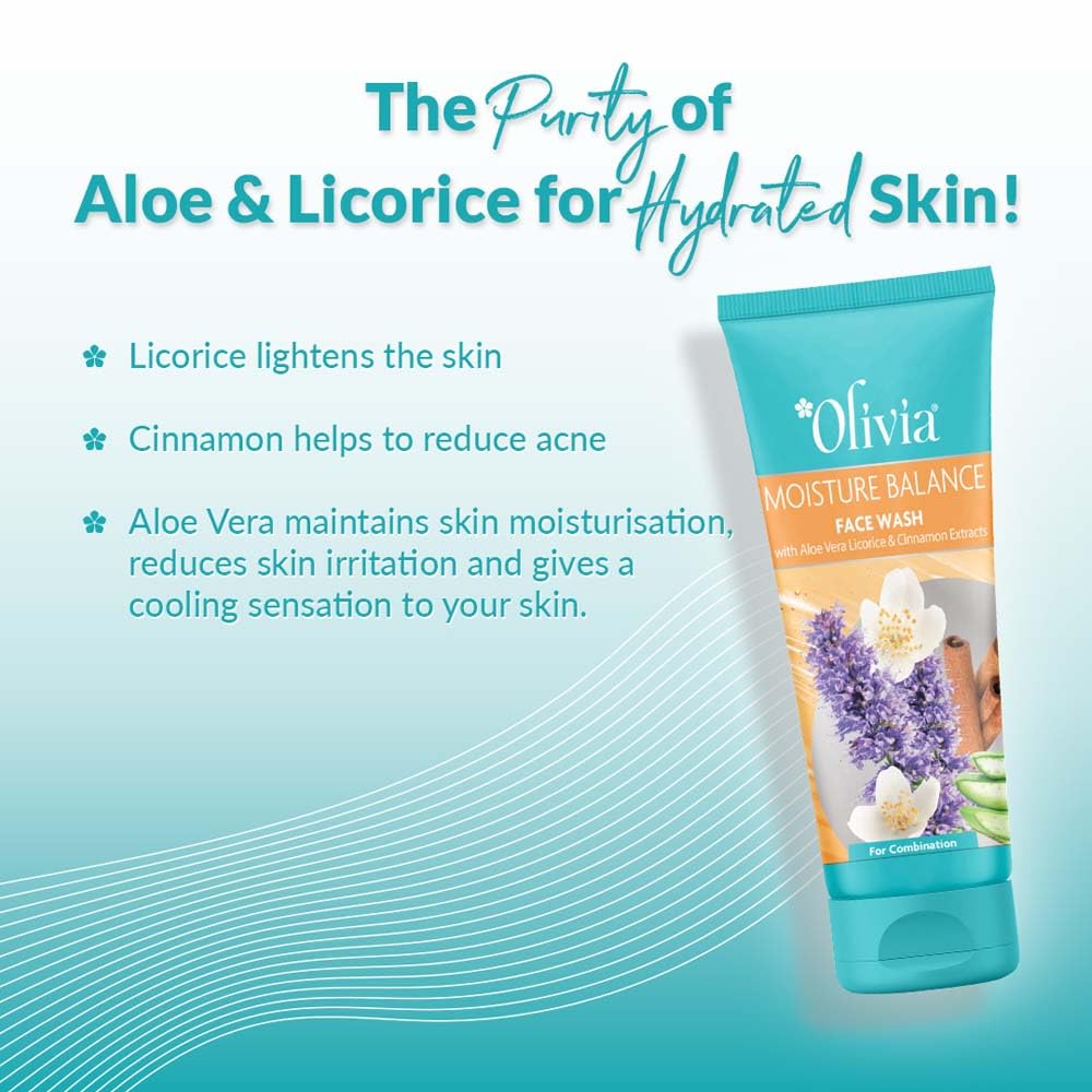 Olivia Moisture Balance Face Wash With Aloe Vera Licorice And Cinnamon Extracts | Gentle Skin Cleanser For Dry To Normal, Sensitive Skin | Hydrating Face Wash, Paraben Free - 100Ml
