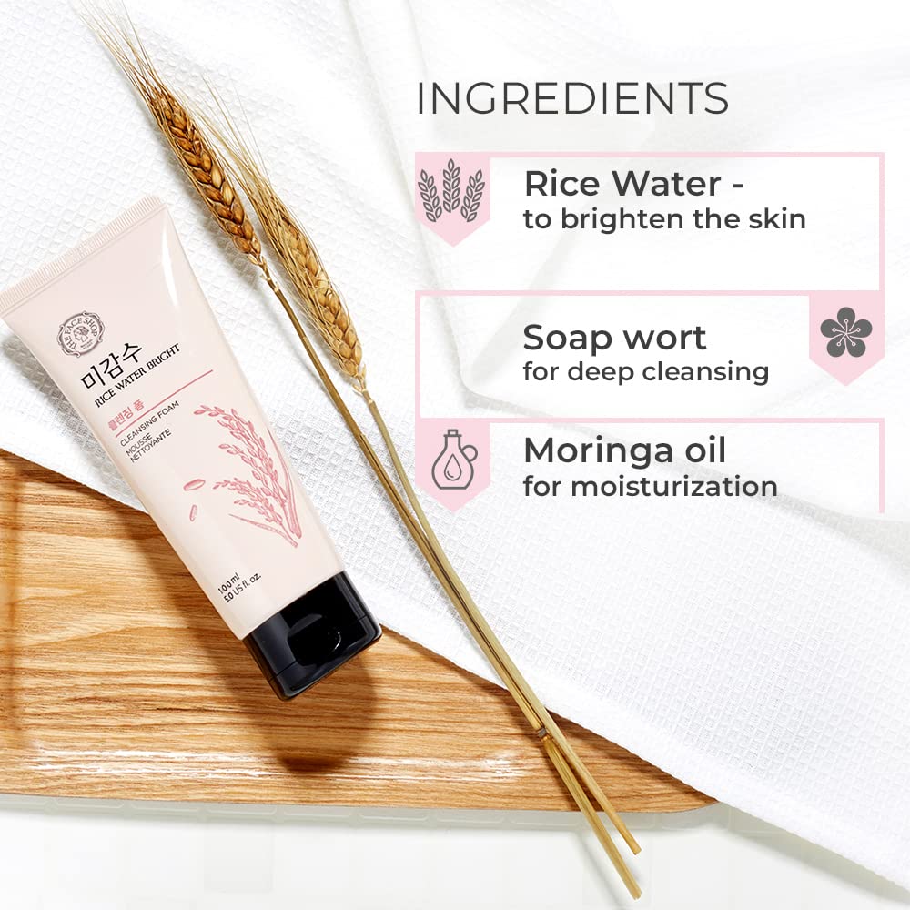 The Face Shop 2 Step Brightening Routine combo | Rice Water Bright Foaming Cleanser (150ml) + Rice & Ceramide Moisturizing Emulsion (150ml)